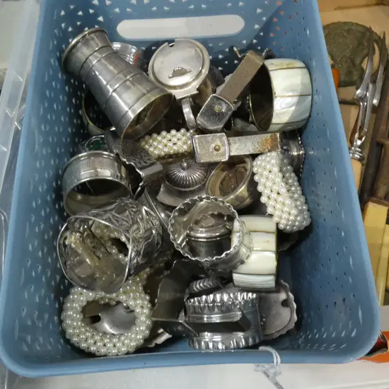 BOX LOT EP SALTS, NAPKIN RINGS ETC