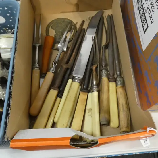 BOX LOT ASST. IVORINE HANDLED CARVING FORKS & KNIVES