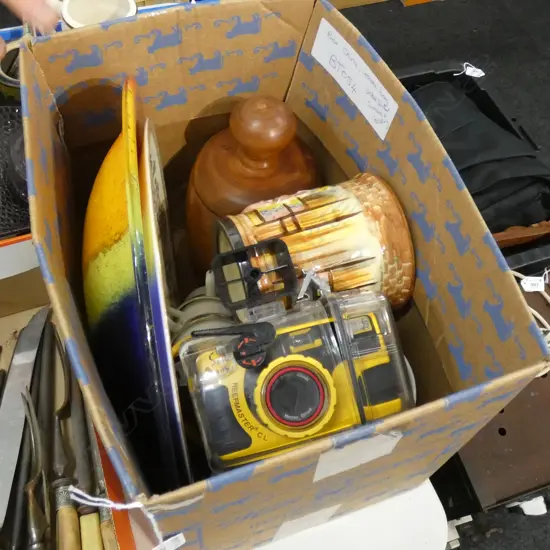 BOX LOT ASST. CHINA, UNDERWATER CAMERA, LIDDED WOODEN CONTAINER ETC