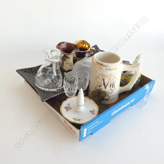 BOX SMALL ITEMS. 2 WATERFORD SHERRY GLASSES. TORQUAY ETC PLEASE NOTE; BRONZE MUSHROOM MISSING