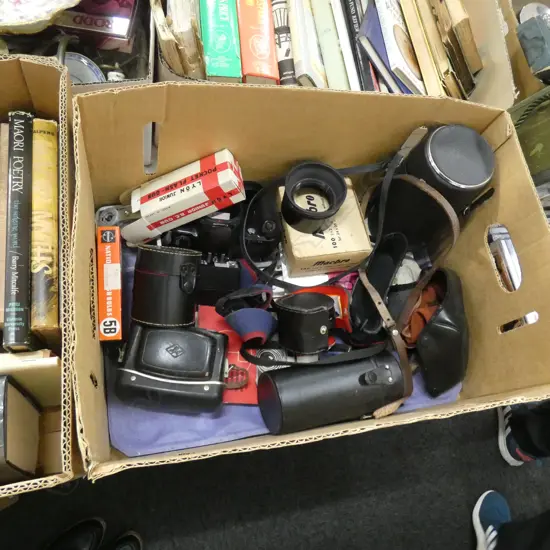 BOX LOT ASST. CAMERA GEAR ETC