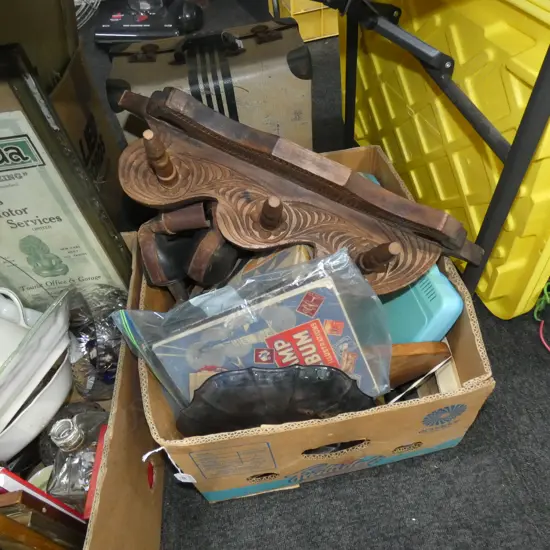 BOX LOT SKATES, SUNDAE GLASSES, TOY CAR ETC