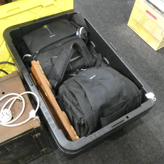 LARGE BOX OF CAMERA BAGS, TRIPOD ETC