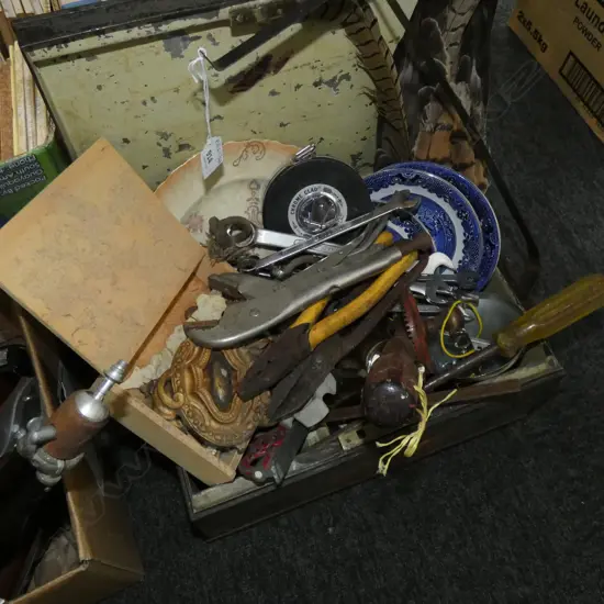 BOX LOT TOOLS; SPANNERS ETC B/W PLATES, PLATE CLOCK, IN OLD METAL CASE 