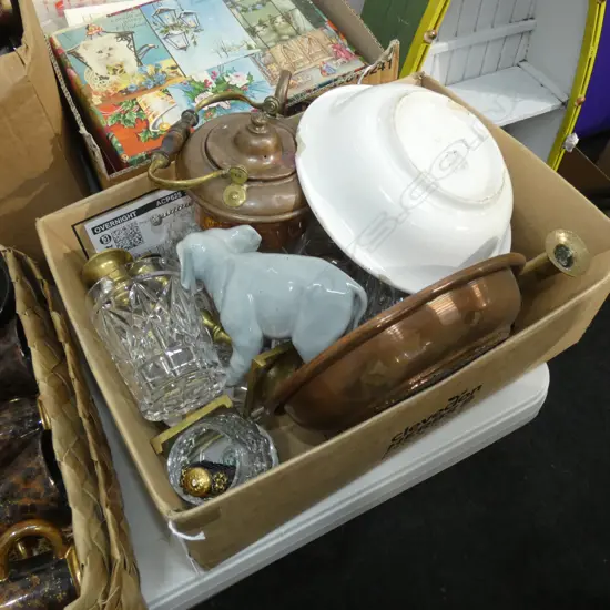 BOX LOT GLASSES, ROYAL COPENHAGEN PIN DISHES ETC