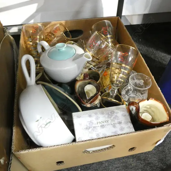BOX LOT GLASSES, STONEWARE ETC