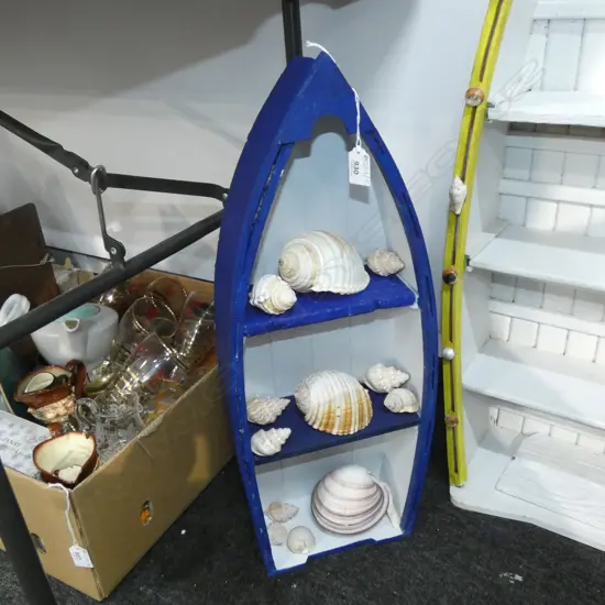 BLUE PAINTED WOODEN BOAT SHELVES w. SHELLS H.630mm