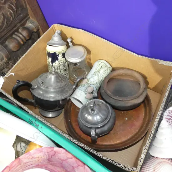 BOX MISC INCL POTTERY / COPPERY / SILVER PLATE ETC.