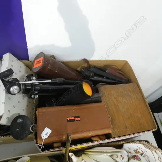 BOX LOT ASST CAMERAS & EQUIPMENT; TRIPODS, LENSES ETC 