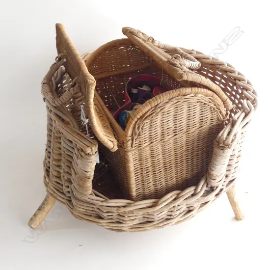OLD CANE SEWING BASKET w CONTENTS + CANE CAT BED 