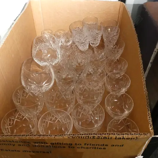 BOX LOT CRYSTAL GLASSES, WEBB CORBETT ETC