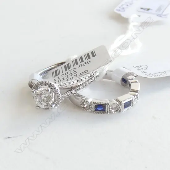 2 SILVER & CZ RINGS; 1 SAPPHIRE & CZ BAND & SOLITAIRE HALO