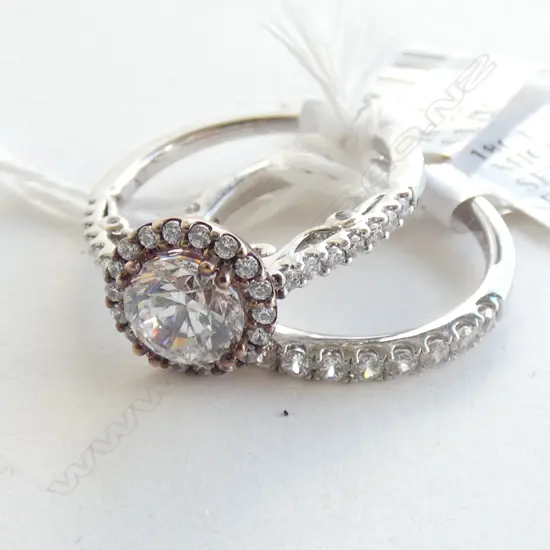 2 SILVER & CZ RINGS; 1 SOLITAIRE HALO & ONE CZ BAND