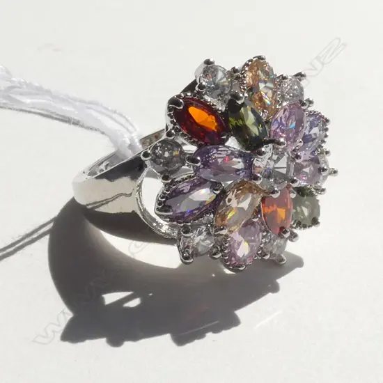 SILVER MULTI FAUX COLOURED STONE DRESS RING