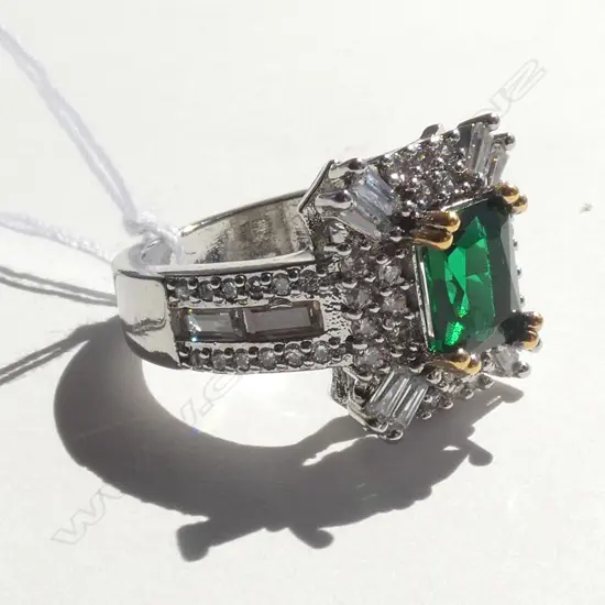 SILVER FAUX EMERALD & DIAMOND DRESS RING