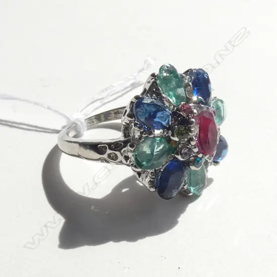 SILVER & MULTI FAUX COLOURED STONE DRESS RING