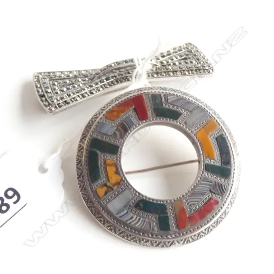 2 BROOCHES; 1 SCOTTISH SILVER/AGATE STONES & MARCASITE