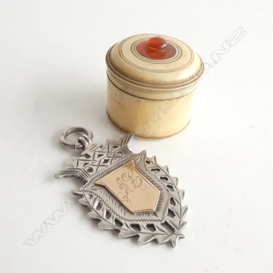 SILVER & 9CT FOB + IVORY PILL BOX 30mm dia