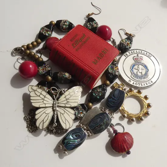 ASST. JEWELLERY; 2 PRS ENAMEL EARRINGS, STG & PAUA BRACELET, REEDS LILLIPUT MAORI DICTIONARY ETC