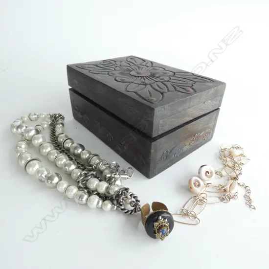 Wooden box decorated with metal and costume jewellery