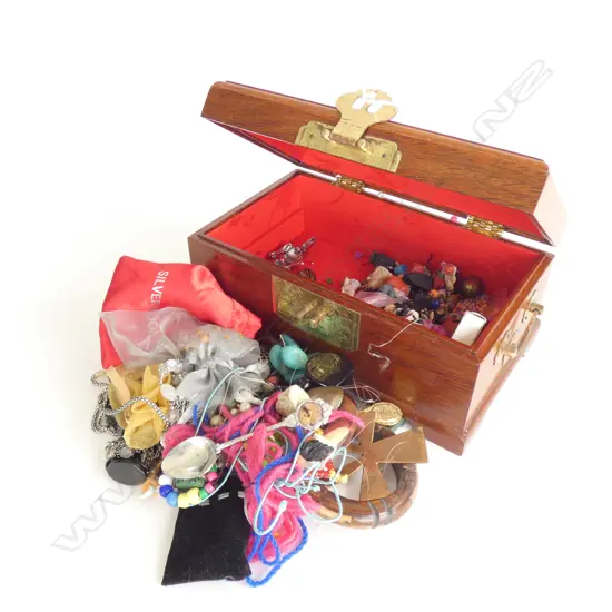 WOODEN CHINESE JEWELLERY BOX & ASST. COSTUME CONTENTS W.260mm