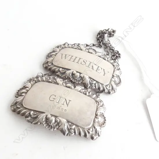 PR ENGLISH SILVER DECANTER LABELS 'WHISKEY' & 'GIN'
