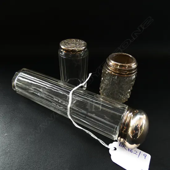 3 CRYSTAL & STG SILVER DRESSING TABLE BOTTLES