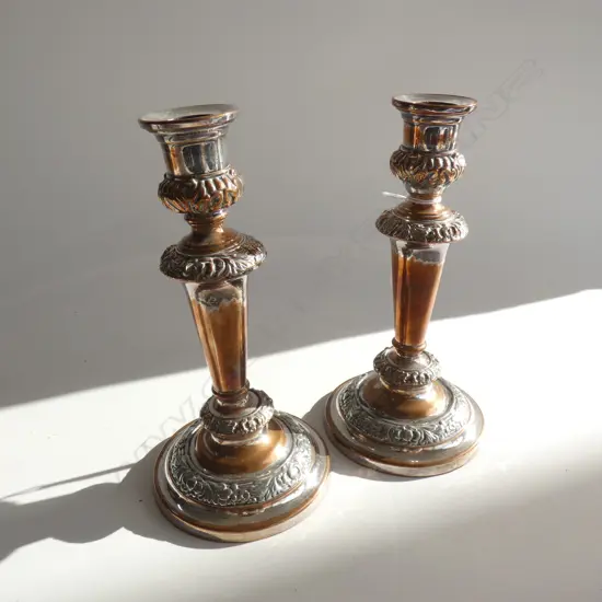 PR NICELY WORN SHEFFEILD PLATE CANDLESTICKS H.215mm