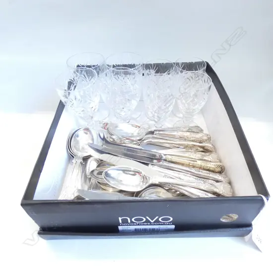 BOX SILVER PLATE CUTLERY & 8 CRYSTAL CUT STEMMED GLASSES 