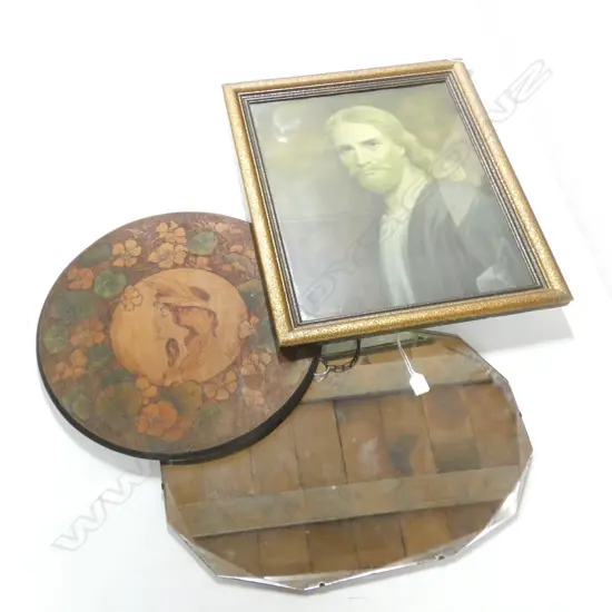 BEVELLED MIRROR (600X 410MM)/ PRINT & FOLK ART PAINTING ON WOOD 