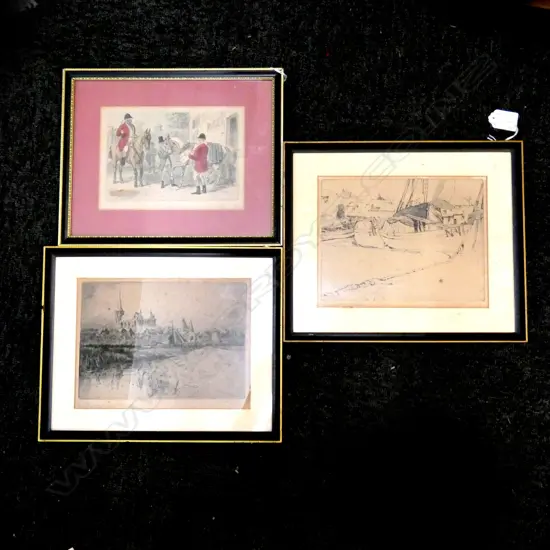 3 ARTWORKS; 2 SIR FRANK SHORT ETCHINGS 160x205mm + HUNTING PRINT