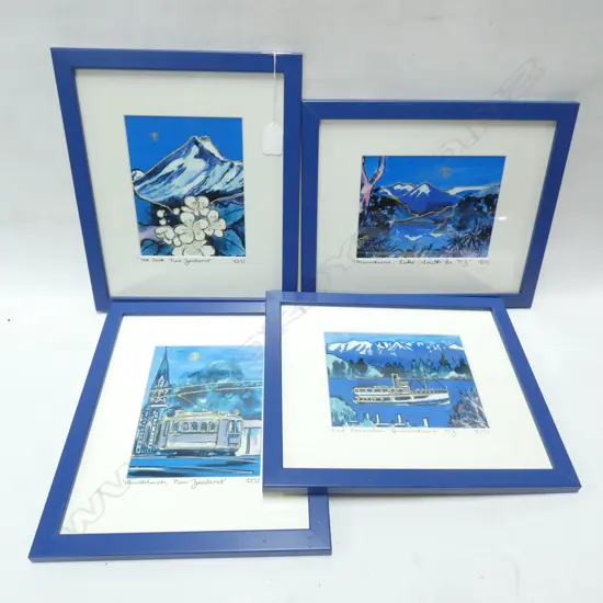 4 FRAMED DIANE VASSEY NZ BLUE THEMED PAINTINGS 180 X 140MM