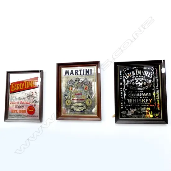 3 ALCOHOL ADVERTISING MIRRORS; 'EARLY TIMES', 'MARTINI' & 'JACK DANIELS' 390x290mm