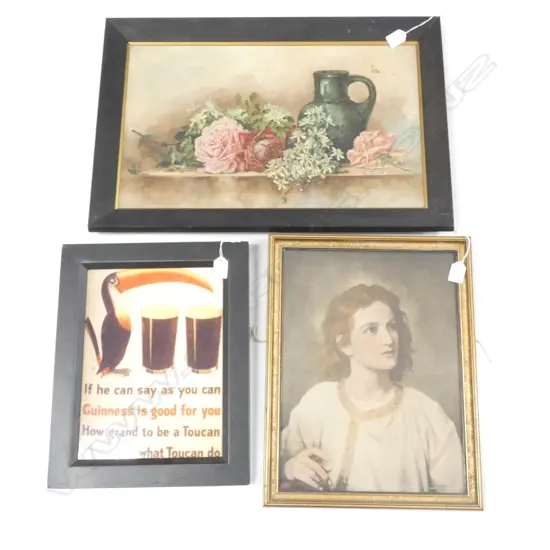 3 ARTWORKS; EARLY 20thC STILL LIFE,  PRINT, GUINNESS TILE 310x230mm