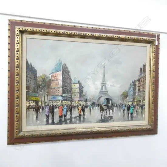 LARGE GILT FRAME OIL ON CANVAS PARIS STREET SCENE 600x900mm