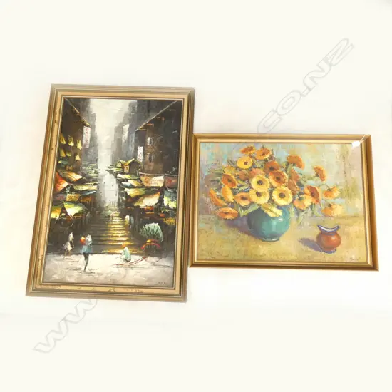2 SIGNED OILS ON CANVAS; STILL LIFE & STREET SCENE 880x580mm
