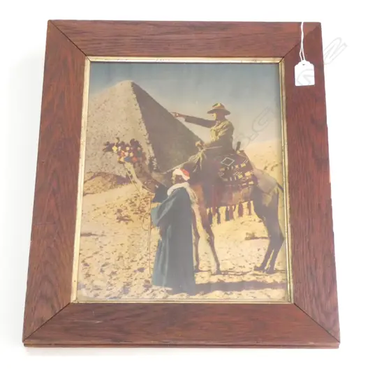 FRAMED & GLAZED COLOURED IMAGE OF NZEF WW1 SOLDIER ON CAMELBACK IN FRONT OF PYRAMID