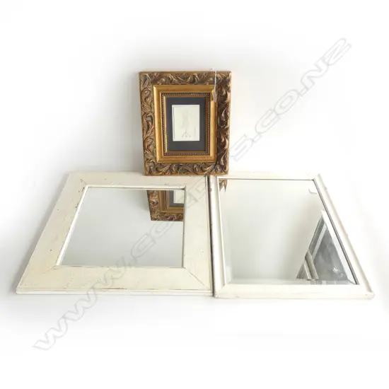 2 WHITE PAINTED FRAMED MIRRORS (LARGEST 500 X 500MM)  + GILT RIMMED FRAME 350 X 300MM