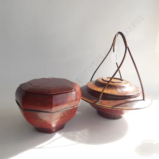 2 ORIENTAL WOODEN LIDDED CONTAINERS 270mm dia