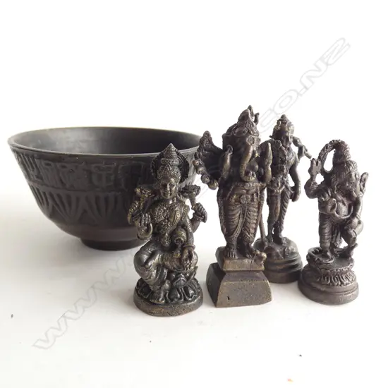 5 INDIAN BRONZE PCES; BOWL & 4 FIGURES H.40mm