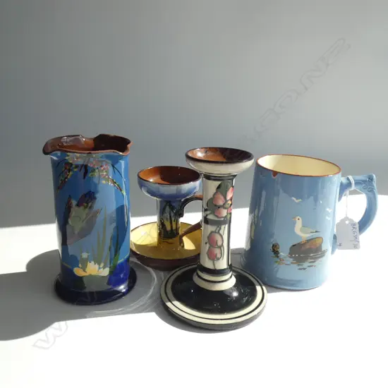 4 PCES TORQUAY WARE; MUG, VASE, 2 CANDLESTICKS