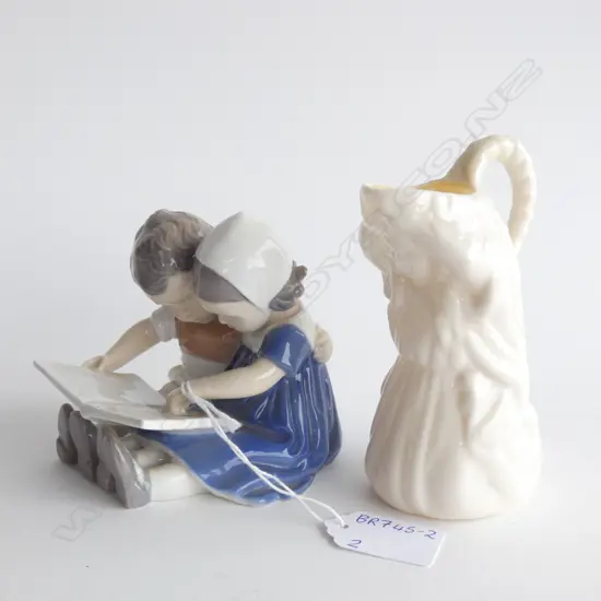 BELLEEK NYMPH JUG & BING & GRONDAHL GIRL & BOY READING FIGURINE H. 100MM