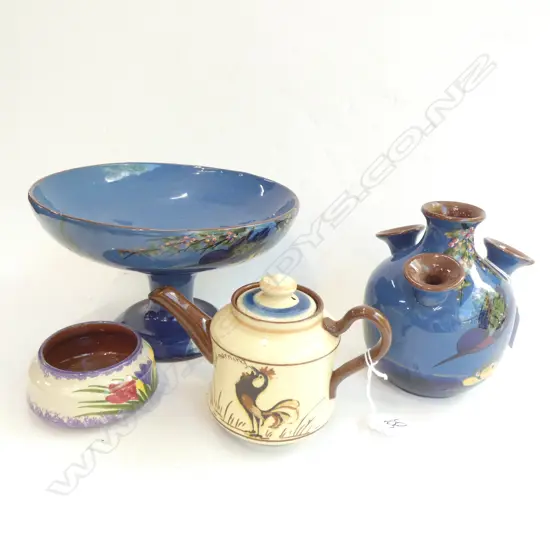 4 PCES TORQUAY WARE; BLUE KINGFISHER VASE & COMPORT, BLACK ROOSTER TEAPOT & SMALL DISH