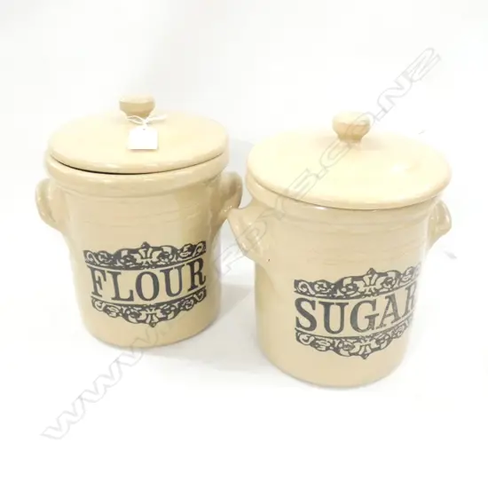2 MOIRA POTTERY LIDDED CROCKS 'SUGAR' & 'FLOUR' H.230mm