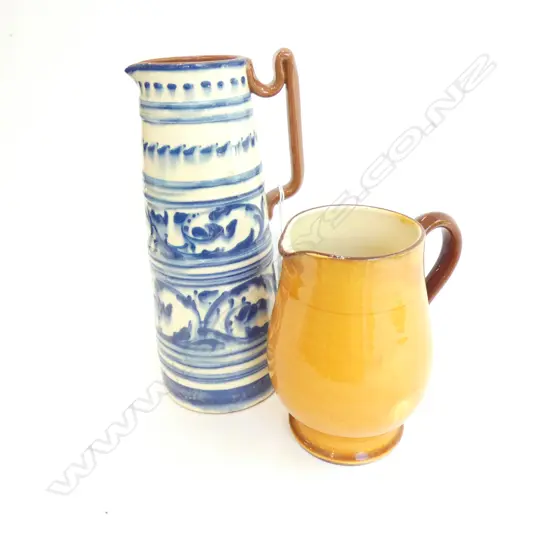 2 TORQUAY WARE JUGS; YELLOW & BLUE H.240mm
