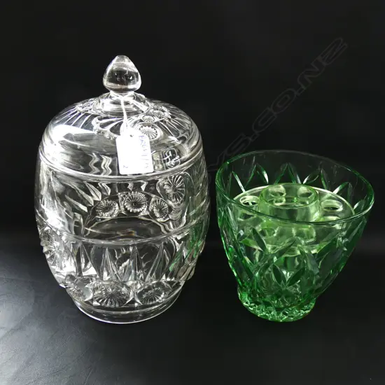 2 PCES PRESSED GLASS; GREEN VASE & FROG + BISCUIT BARREL H.230mm