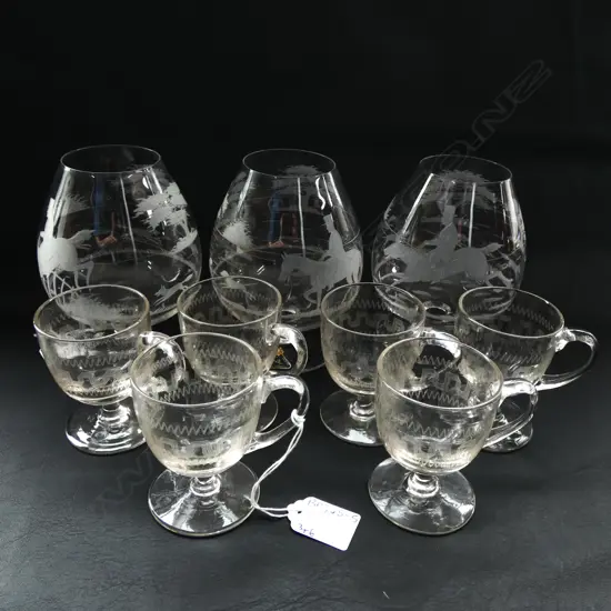 3 ROYAL BRIERLEY HAND CUT CRYSTAL BRANDY BALLOONS & 6 VINTAGE GLASS CUSTARD CUPS