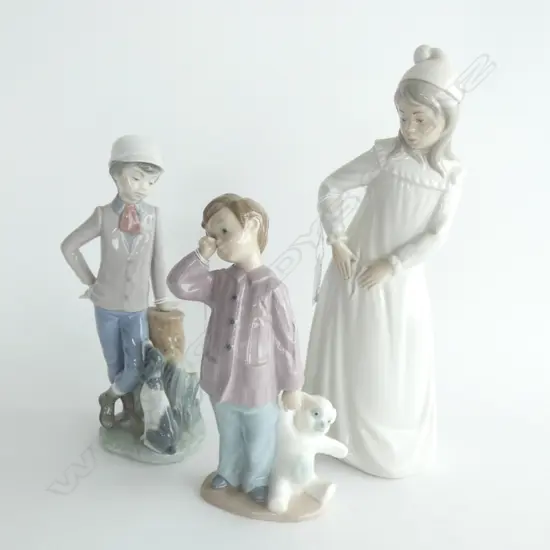 3 NAO FIGURINES; SLEEPY BOY, BOY & DOG, GIRL IN NIGHTIE H.295mm