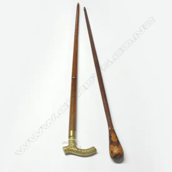 OLD BRASS HANDLED 3 PCE WOODEN WALKING STICK WITH HIDDEN DAGGER IN HANDLE + INLAID WOODEN HANDLE WALKING STICK
