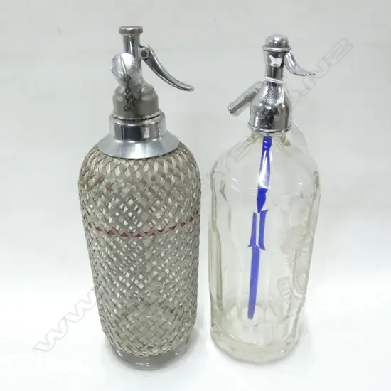 PR GLASS SODA SYPHONS; 1 WITH MESH OVERLAY / 1  WESTBURY & CO AUCKLAND H. 350MM